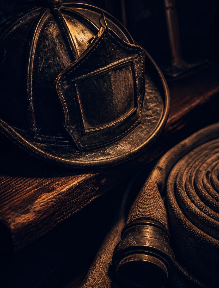 Firefighter helmet and hose detail