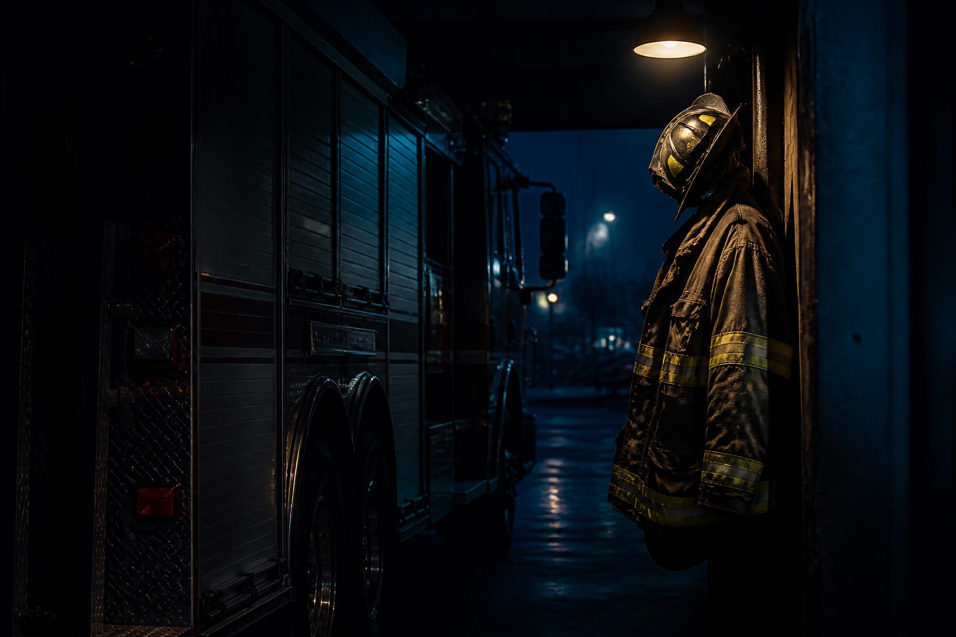 Firefighter turnout gear hanging in a station bay at night